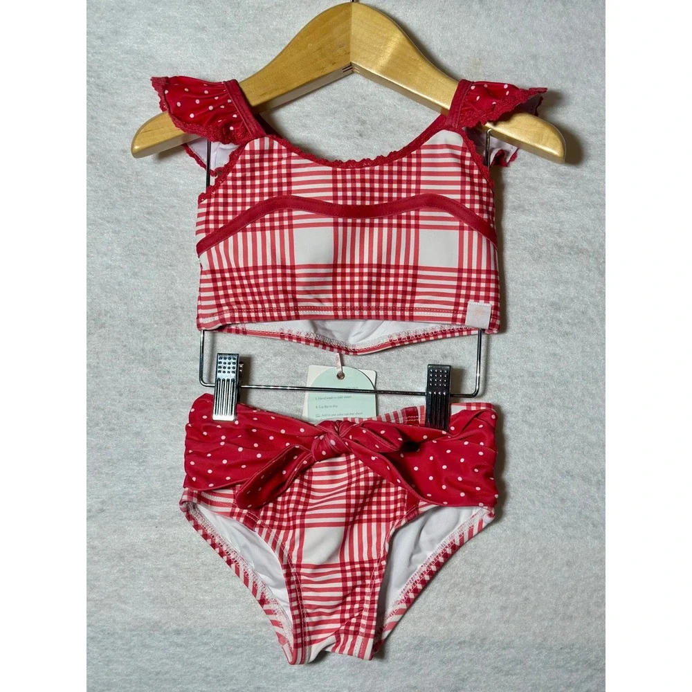 SweetHoney Girls Red White Plaid Polka Dot 2 Piece Swimsuit Bikini 3T NWT